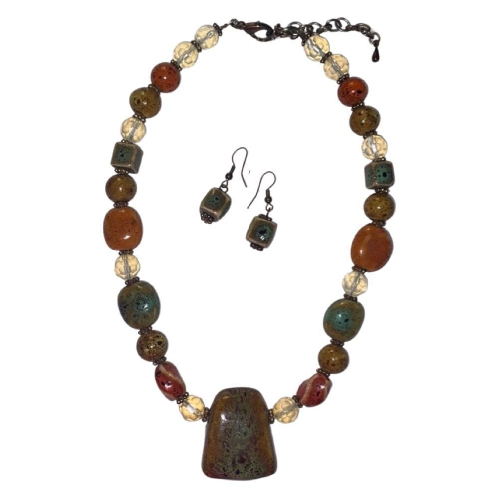 oho Artisan Glazed Ceramic Bead Necklace & Earring Set Earthy Statement Jewelry